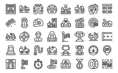 Kart yarış ikonları ana hat vektörünü ayarlayın. Araba yolu. Yarışçı sürücü