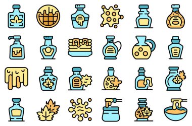 Akçaağaç şurubu ikonları ana hat vektörünü ayarlar. Mutfak yığını. Yapraksı ince çizgi beyaz üzerine düz renk