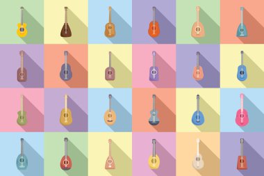 Ukulele simgeleri düz vektör ayarladı. Akustik grup. Ses müziği