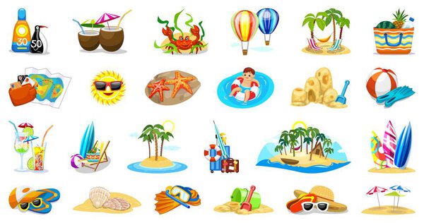 Тропические иконки курорта устанавливают вектор мультфильмов. Широкий остров. Роскошный океан