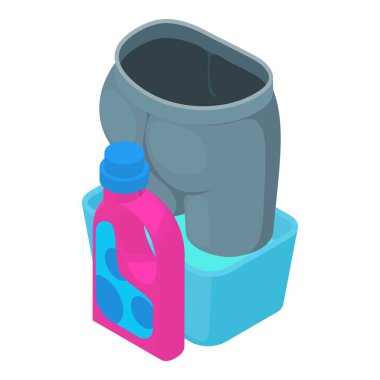 Saflık kavramı izometrik vektörü. Kırpılmış kot ve çamaşır kremi ikonu. Çamaşır, çamaşır, ev işi.