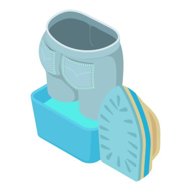 Kotlar ikon izometrik vektörü ütülüyor. Mavi temiz kotlar ve kablosuz ütü. Kıyafetler ütü, ev işleri.