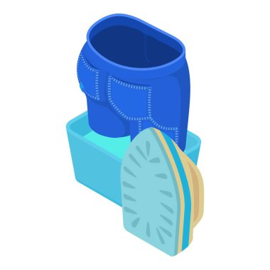 Servis simgesi izometrik vektörü ütüleniyor. Mavi temiz kot pantolon ve modern kablosuz demir. Yıkama, ütü, ev işi.