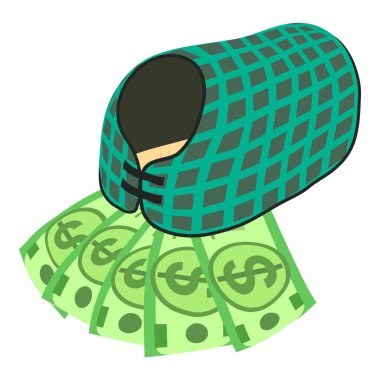 Binicilik sporu ikonu izometrik vektörü. Damalı at battaniyesi ve bir dolarlık banknot. Ata binmek, hobi