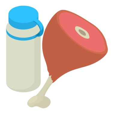 Turist besin ikonu izometrik vektörü. Kemikte pişmiş et ve su şişesi ikonu. Yiyecek, turizm, seyahat