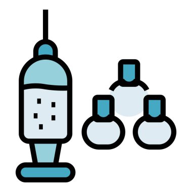 Tıbbi şırınga ikon ana hatları vektörü. Vial aşı. Şişe enjeksiyon rengi düz