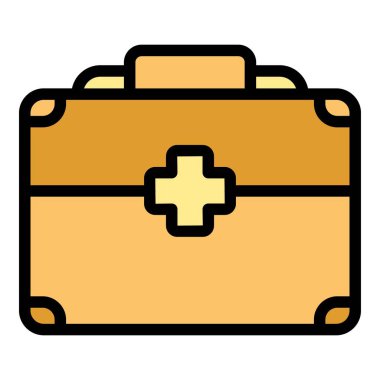 Hastanenin ilk yardım çantasının ikon ana hatları vektörü. Acil durum kutusu. Sağlık çantası rengi düz