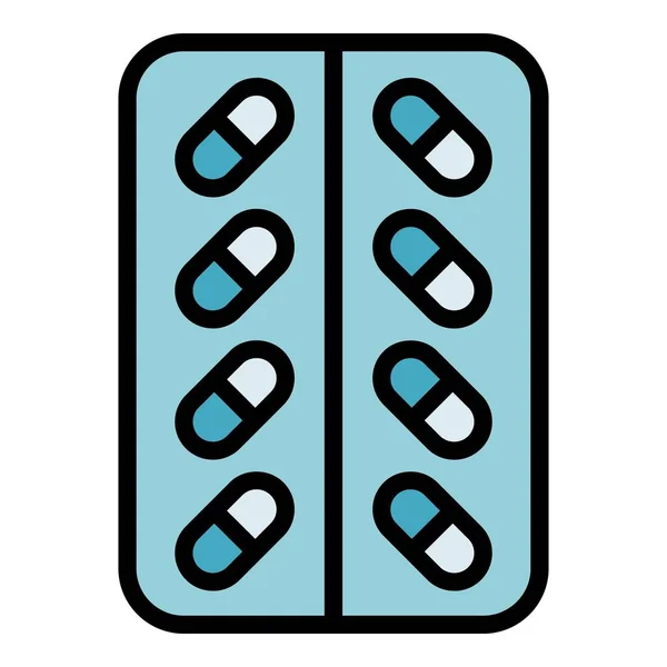 カプセルピルブリスターアイコンアウトラインベクトル タブレットパック 医学のパッケージ箱の色フラット — ストックベクタ