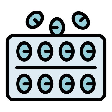 Hap ikonu ana hatları vektörü. Tablet paketi. İlaç kapsülü rengi düz