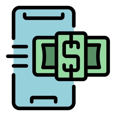 Akıllı telefon para gelir ikonu ana hatları vektörü. Bilgisayar çalışıyor. İş pasif renk düzlüğü