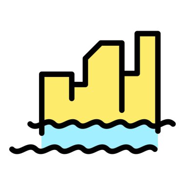 Şehir sel seviyesi ikon ana hatları vektörü. Deniz değişikliği. Küresel okyanus rengi