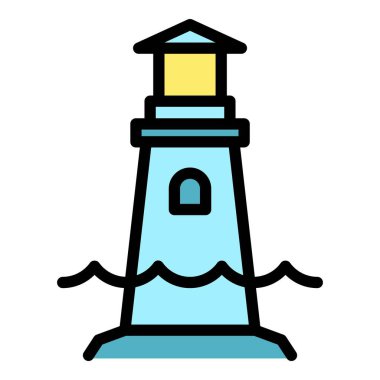 Deniz feneri ikonu ana hat vektörünü doldurun. Deniz seviyesi. Okyanus suyu rengi düz