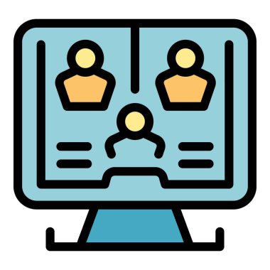 Görüntü konferansı ikon ana hatları vektörü. Online eğitim. Okul bilgisayarının rengi düz