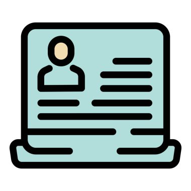 İşçi dizüstü bilgisayar simgesi ana hatları vektörü. Kiralama ekibi. Boş sandalye rengi düz