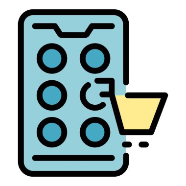 Akıllı telefon çevrimiçi dükkan ikonu ana hatları vektörü. Mağaza satışı. Otomobil rengi düz