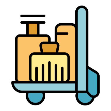 Deri çanta tramvayı ikon ana hat vektörü. Otel arabası. Seyahat havaalanı rengi düz