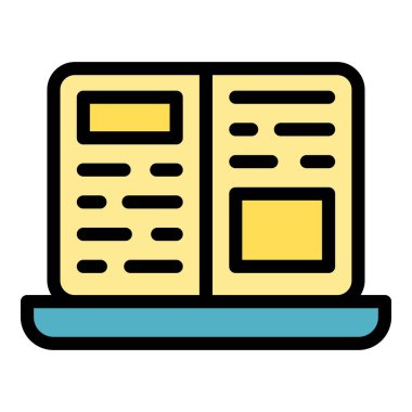 Dizüstü bilgisayar çevrimiçi gazete ikonu ana hatları vektörü. Dijital kitap. Ortam okuma rengi düz