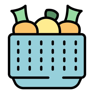 Tam süzgeç simgesi ana hatları vektörü. Yemek süzgeci. Çömlek makarna rengi düz