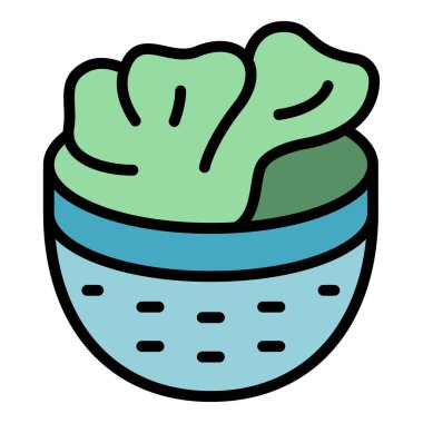 Sepet süzgeci simgesi ana hatları vektörü. Süzgeç süzgeci. Makarna çatal bıçak rengi düz