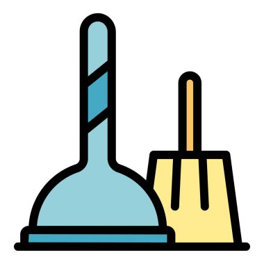 Temizleme simgesi ana hatları vektörü. Yerler temiz. Temizleyici kova rengi düz