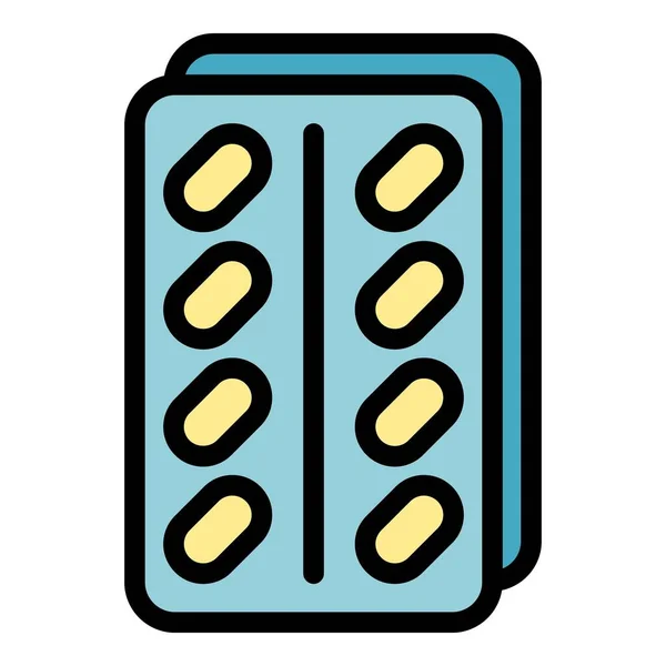Pill Blister Ikon Kontur Vektor Tablettpaket Medicin Pack Färg Platt — Stock vektor