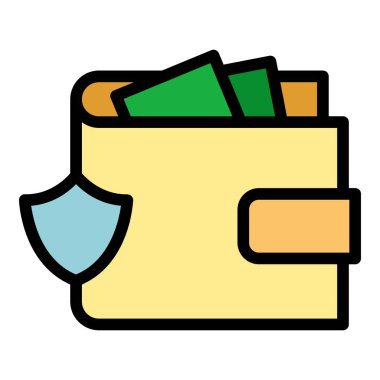 Para cüzdanı güvenlik simgesi ana hatları vektörü. Borç geliri. Kredi vergisi rengi düz