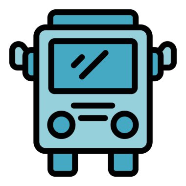 Okul otobüsü ikonu ana hatları vektörü. Yol kenarı. Eğitim taşıma rengi düz