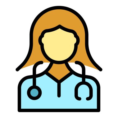 Stetoskop hemşiresi ikon ana hatları vektörü. Sağlık doktoru. Klinik bakım rengi düz
