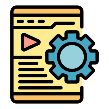 Video dişli simgesi ana hatlı vektör. Filmi ara. Çevrimiçi eğitim rengi düz