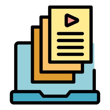 Bilgisayar video simgesi ana hatlı vektör. Eğitim ekranı. Filmin rengi düzdür