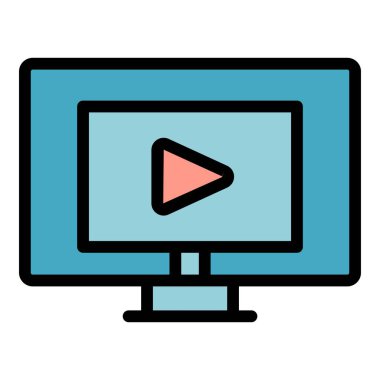 Video öğretim simgesi ana hatları vektörü. Bilgisayar devrede. Giysi alıştırma rengi düz