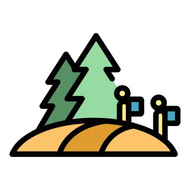 Aile ekolojik turizm ikonu ana hatları vektörü. Ormanda yürü. Doğa insanları düz renkte