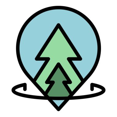 Çevre orman konumu ikonu ana hat vektörü. Doğa yürüyüşü. Seyahat eden insanların rengi düz