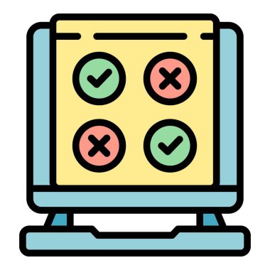 İnternet sınav ikonu ana hatları vektörü. Çevrimiçi test. Bilgisayar çalışma rengi düz