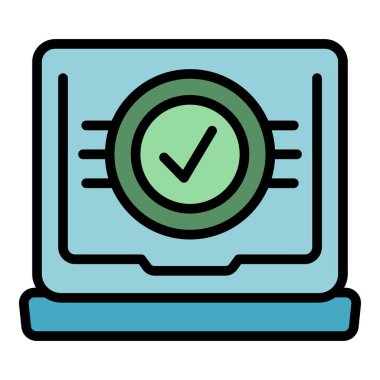 Onaylanmış çevrimiçi test simgesi ana hatları vektörü. Okul eğitimi. Bilgisayar eğitimi rengi düz