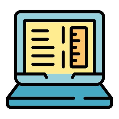 Kimyasal dizüstü bilgisayar ikonu ana hatları vektörü. Okul eğitimi. Sınav test rengi düz