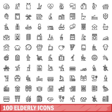 100 yaşlı simgesi ayarlandı. Beyaz arkaplanda izole edilmiş 100 yaşlı simge vektörünün taslağı