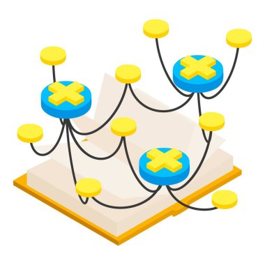 Ademi merkeziyet ikonu izometrik vektörü. Merkezi olmayan sembol ve açık kağıt kitap. Dijital para, kripto para birimi kavramı