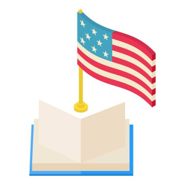 Amerikan sembolü izometrik vektör. Amerikan bayrağı ve açılmış kağıt kitap ikonu. Devlet sembolü kavramı