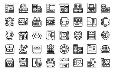 Mobilya mağazası simgeleri ana hat vektörünü ayarlar. Ahşap. Depo odası