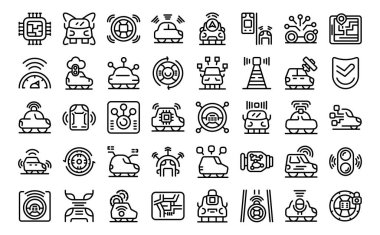 Sürücüsüz araç simgeleri dış hat vektörünü ayarlar. Araba geleceği. Kendin sür.