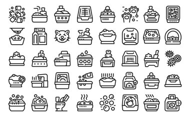 Kedi tepsisi simgeleri dış hat vektörünü ayarlar. Tuvalet köpeği. Kaka kumu