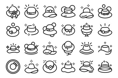 Plaj şapkası simgeleri dış hat vektörünü ayarlar. Saman yazı. Seyahat kenarı