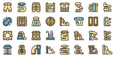 Aquapark kaydırma simgeleri ana hat vektörünü ayarladı. Yaz parkı. Beyaz üzerinde düz çizgi rengi olan çocuk dalgası