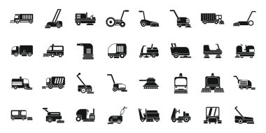 Süpürücü simgeleri basit vektör ayarlar. Makine kamyonu. Temiz çöp