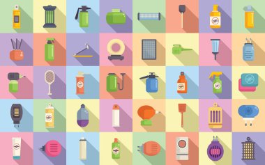 Sivrisinek koruyucu ikonlar düz vektör oluşturdu. Aerosol ısırığı. Çocuk böcek