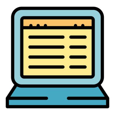 Laptop vaka çalışma ikonu ana hatları vektörü. İş başarısı. Düz veri rengi öğren