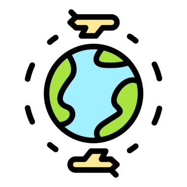 Uçak seyahat ikonu ana hat vektörü. Dünya küresi. Genel harita rengi düz