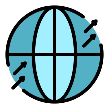 Küresel tur ikonu ana hatları vektörü. Dünya etrafında. Seyahat haritası rengi düz