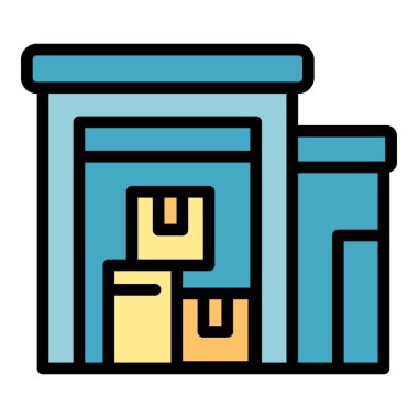 Paket depo ikonu ana hat vektörü. Dijital kontrol. Stok envanter rengi düz